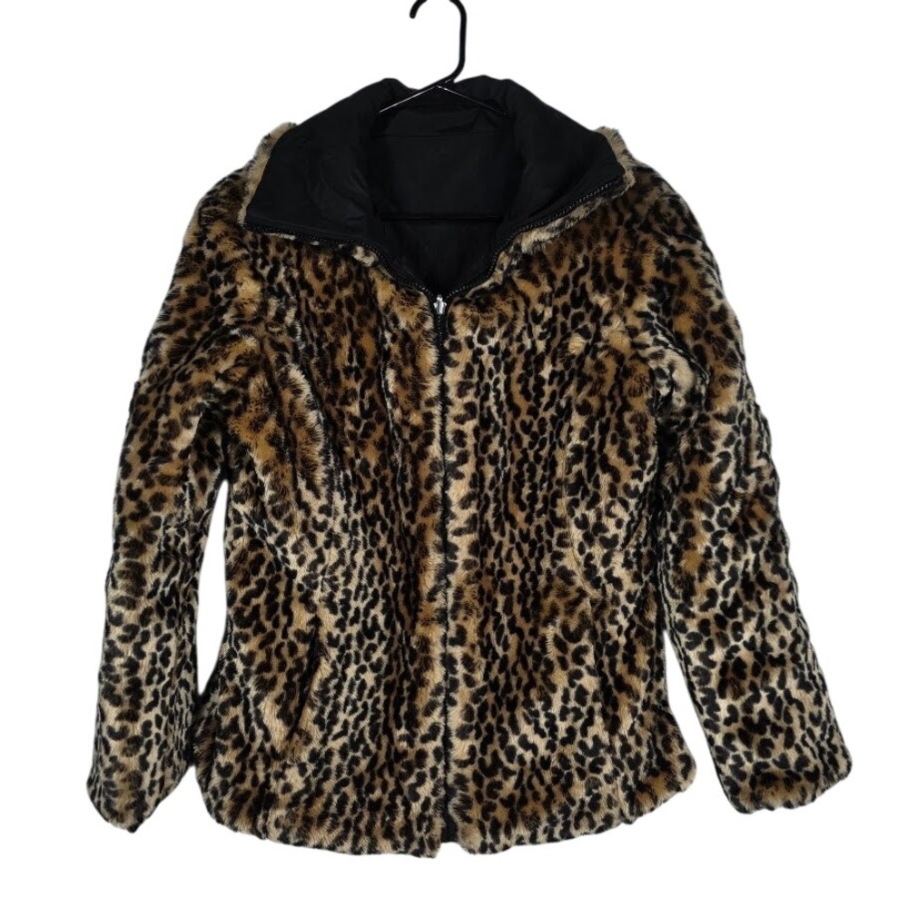 Keren Hart Jacket Womens S Black Leopard Reversible Faux Fur Quilted Oversized